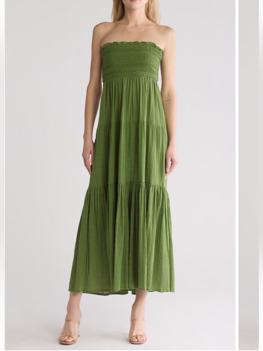 Veronica Beard Olive Green Strapless Tiered Maxi Dress